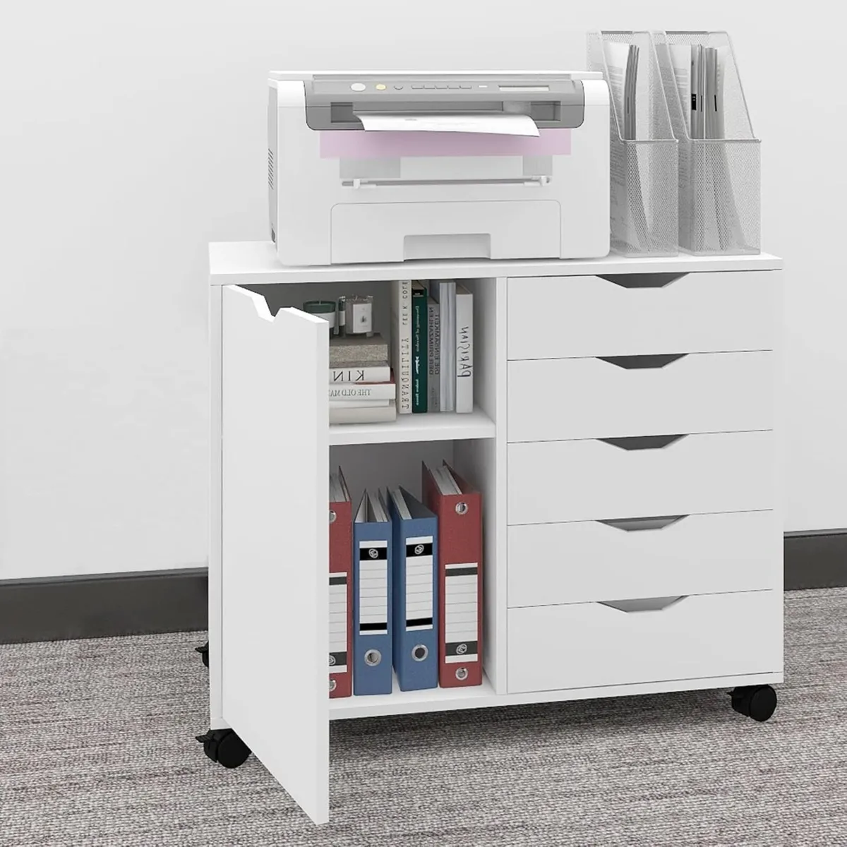 5 Drawer Wooden Mobile Filing Cabinet with Door - Image 1