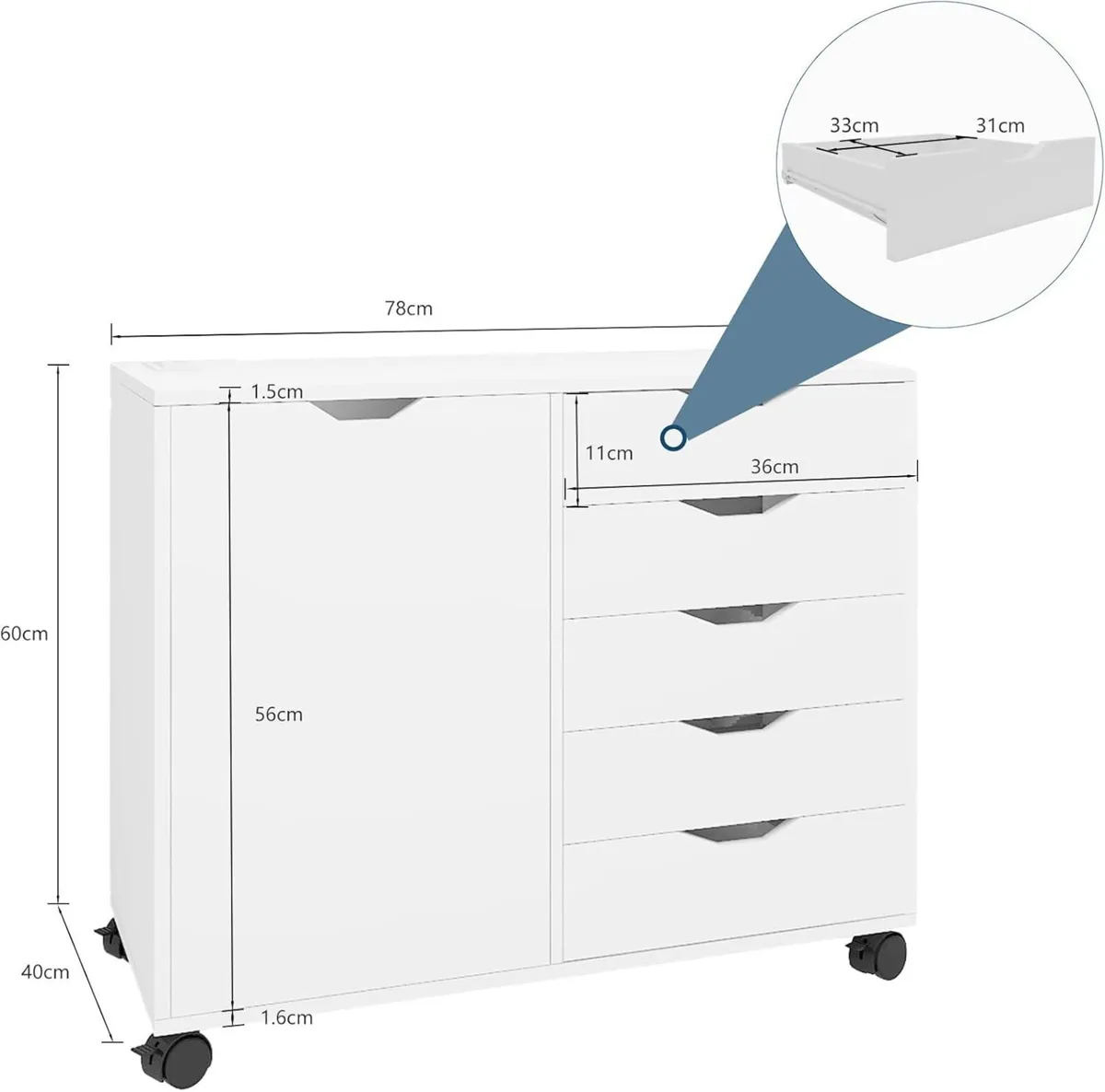 5 Drawer Wooden Mobile Filing Cabinet with Door - Image 2