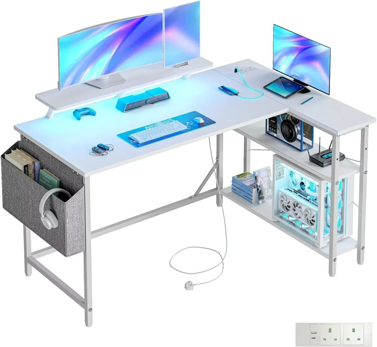 L Shaped Gaming Desk with LED Lights Power - Image 1