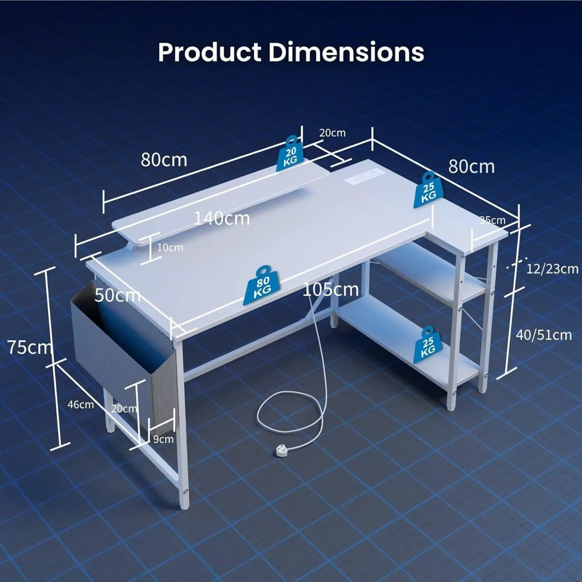 L Shaped Gaming Desk with LED Lights Power - Image 2