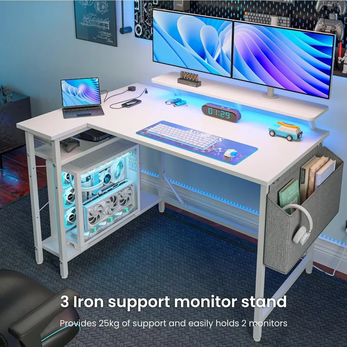 L Shaped Gaming Desk with LED Lights Power - Image 3