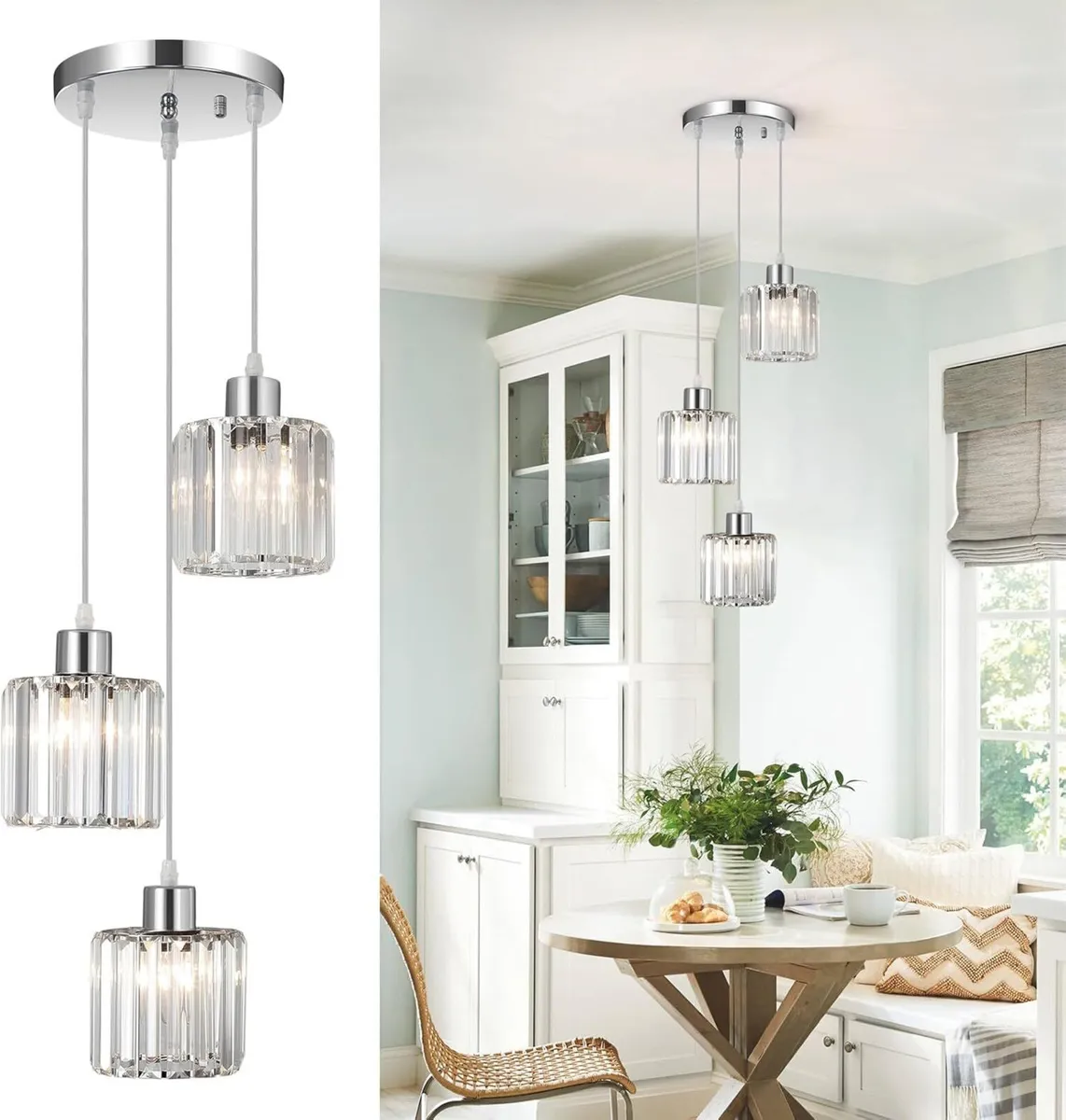 Crystal Pendant Ceiling 3 Light Chrome Kitchen - Image 1