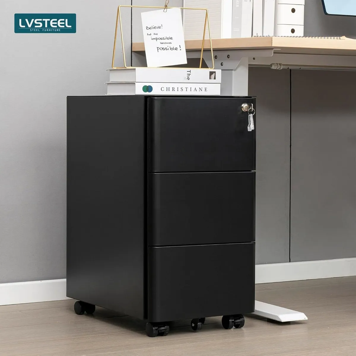3-Drawer Metal Filing Cabinet on Wheels Fully - Image 2