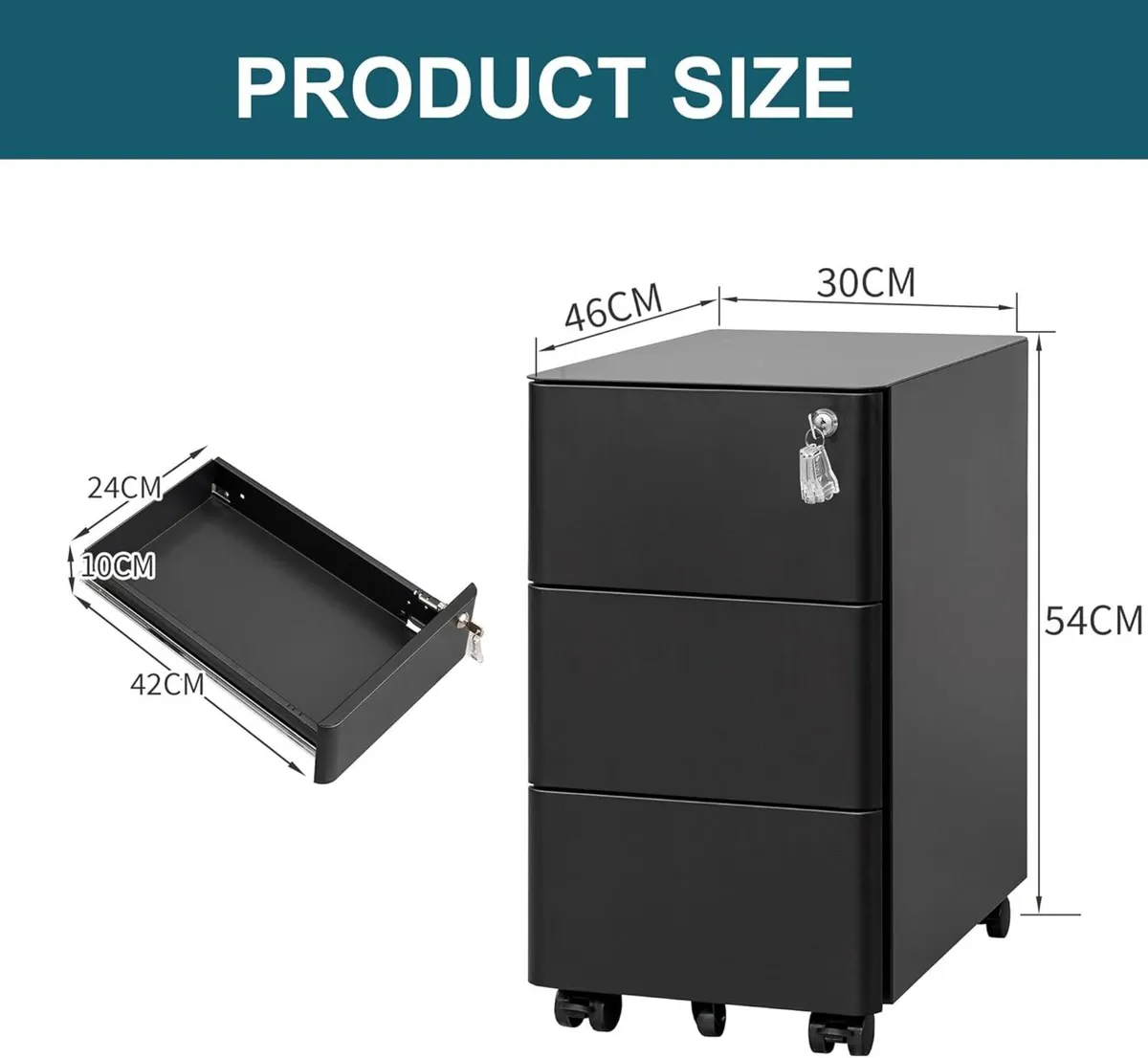 3-Drawer Metal Filing Cabinet on Wheels Fully - Image 3