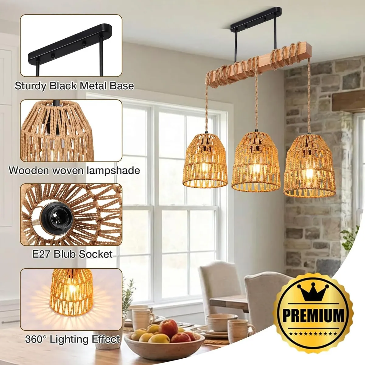 Rattan Pendant Light Kitchen Island Chandelier - Image 3