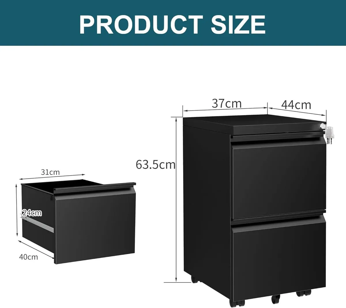 Mobile Filing Cabinet Lockable 2 Drawers - Image 3