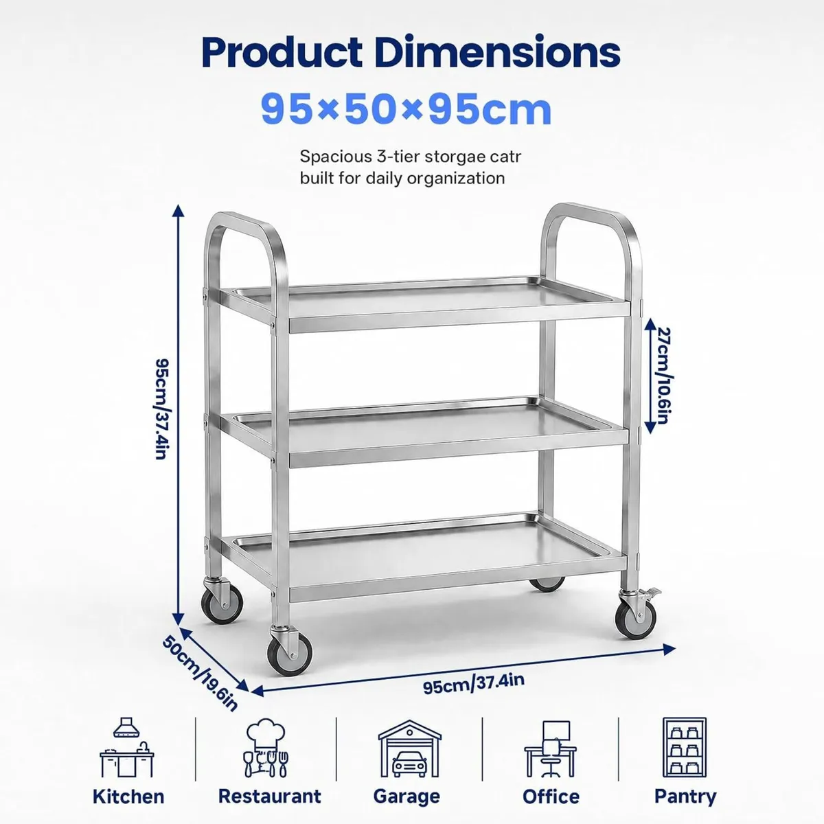 3 Tier Stainless Steel Cart 95x50x95CM Large - Image 2