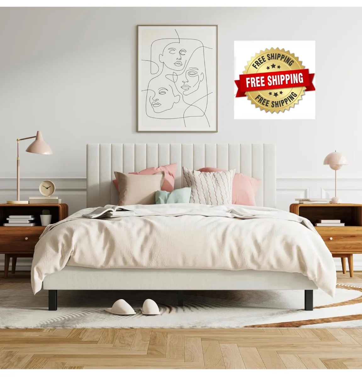 4ft6 Double Bed Frame, Upholstered Platform Bed wi - Image 1