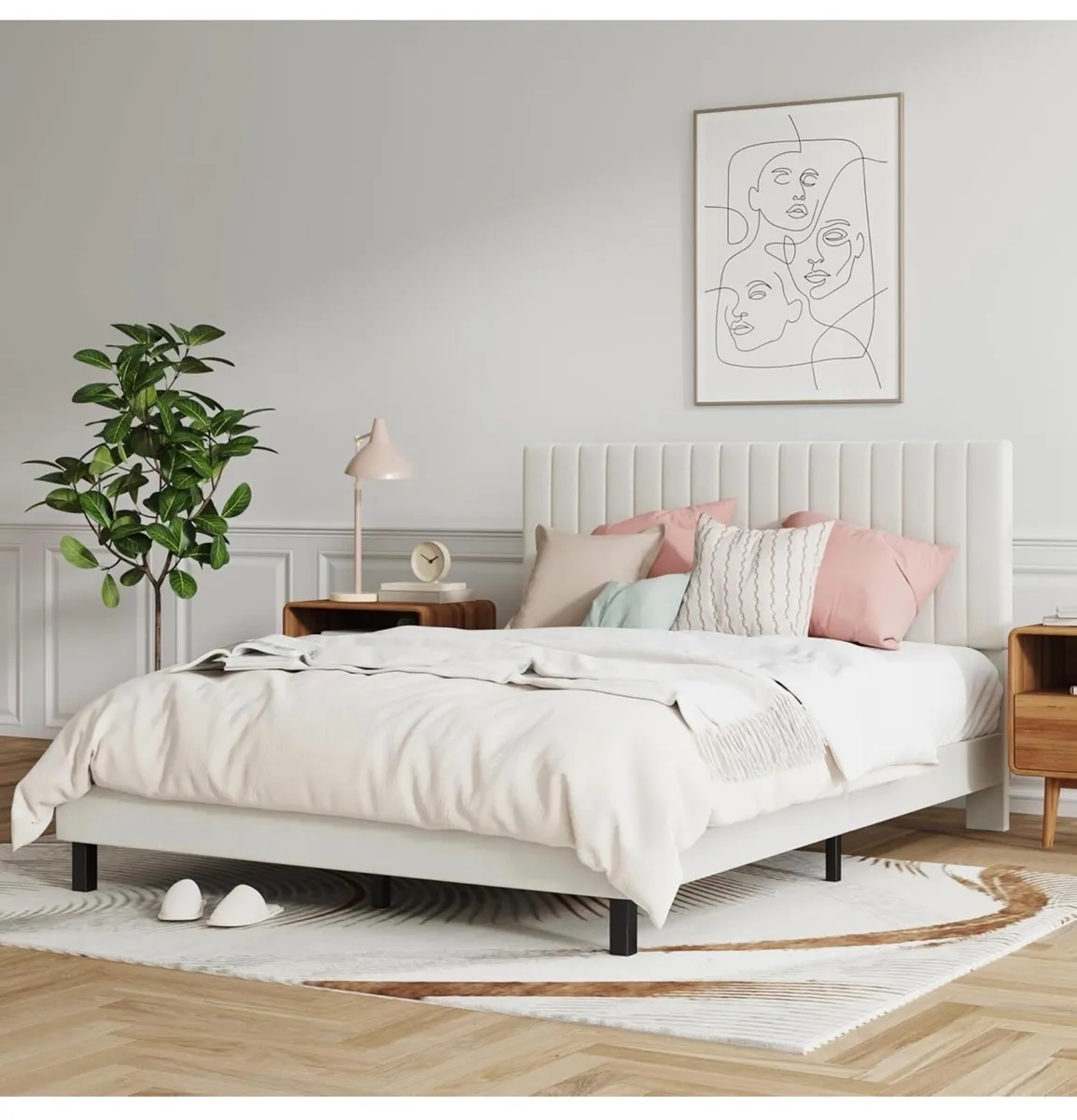 4ft6 Double Bed Frame, Upholstered Platform Bed wi - Image 1