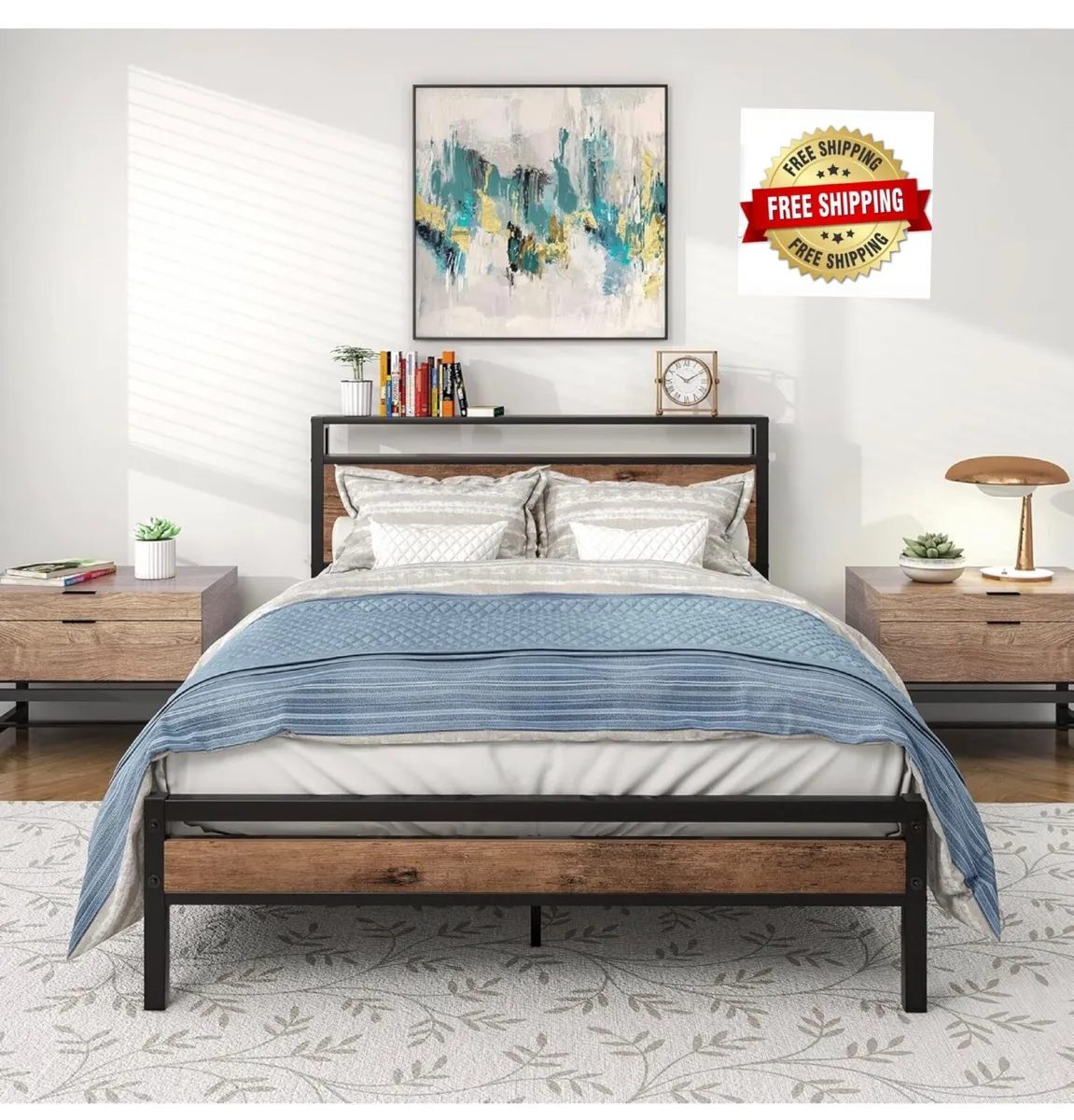 Double Bed Frames with Wood Storage Shelf Headboar - Image 1