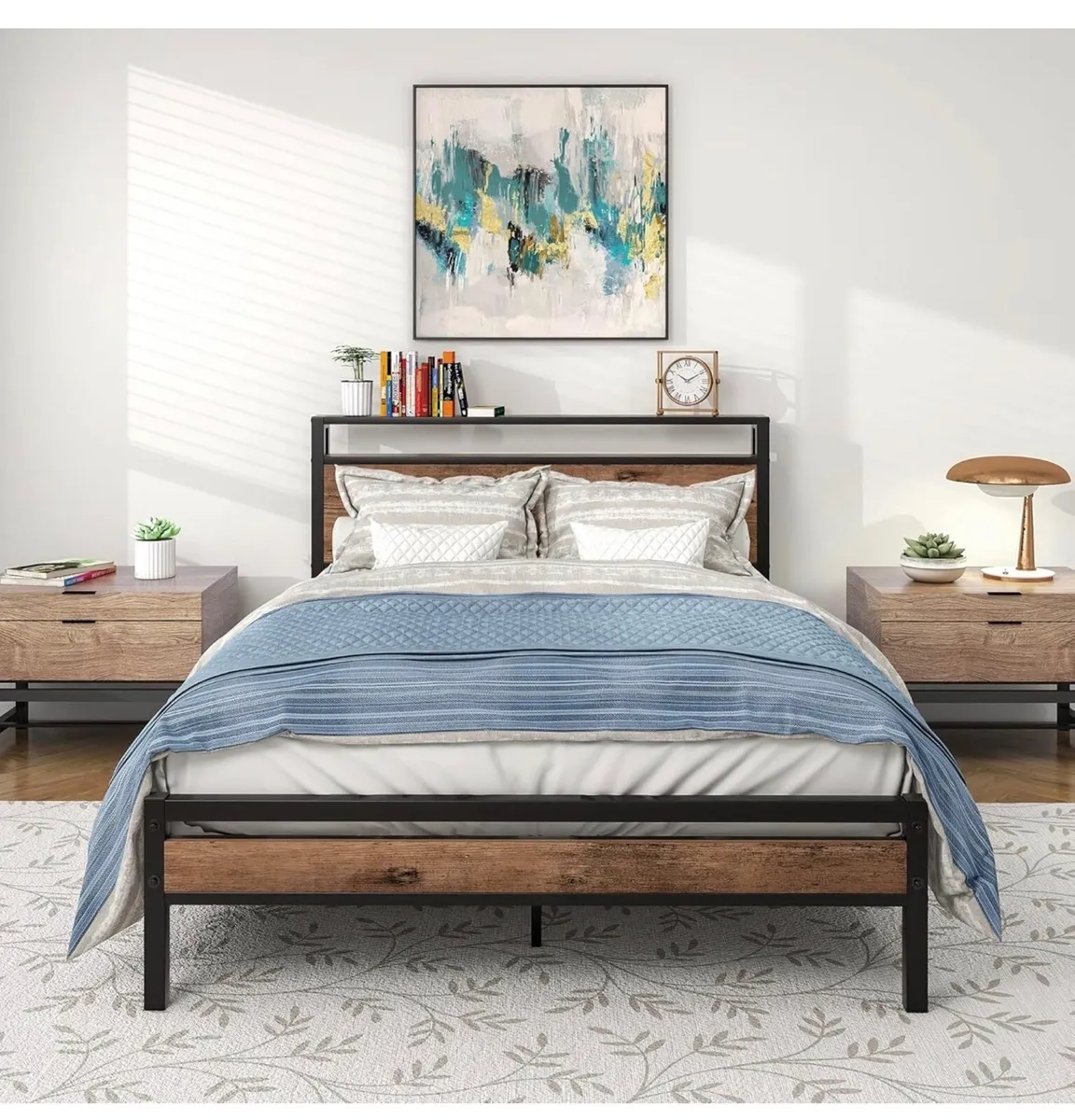 Double Bed Frames with Wood Storage Shelf Headboar - Image 2