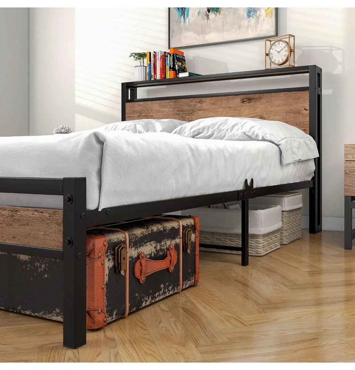 Double Bed Frames with Wood Storage Shelf Headboar - Image 3