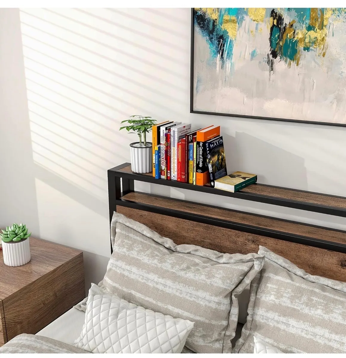 Double Bed Frames with Wood Storage Shelf Headboar - Image 4