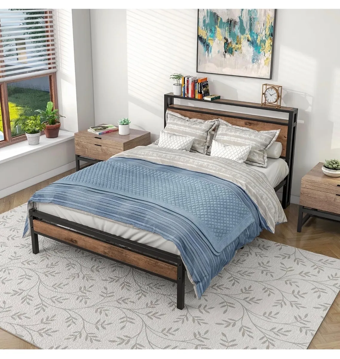 Double Bed Frames with Wood Storage Shelf Headboar - Image 1