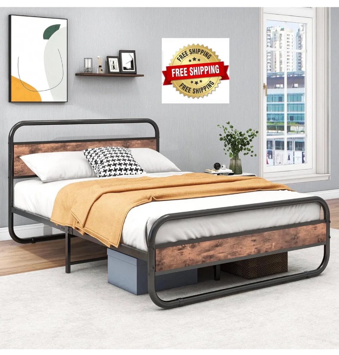 Double Size Bed Frame with Headboard,Oval-Shaped P - Image 1