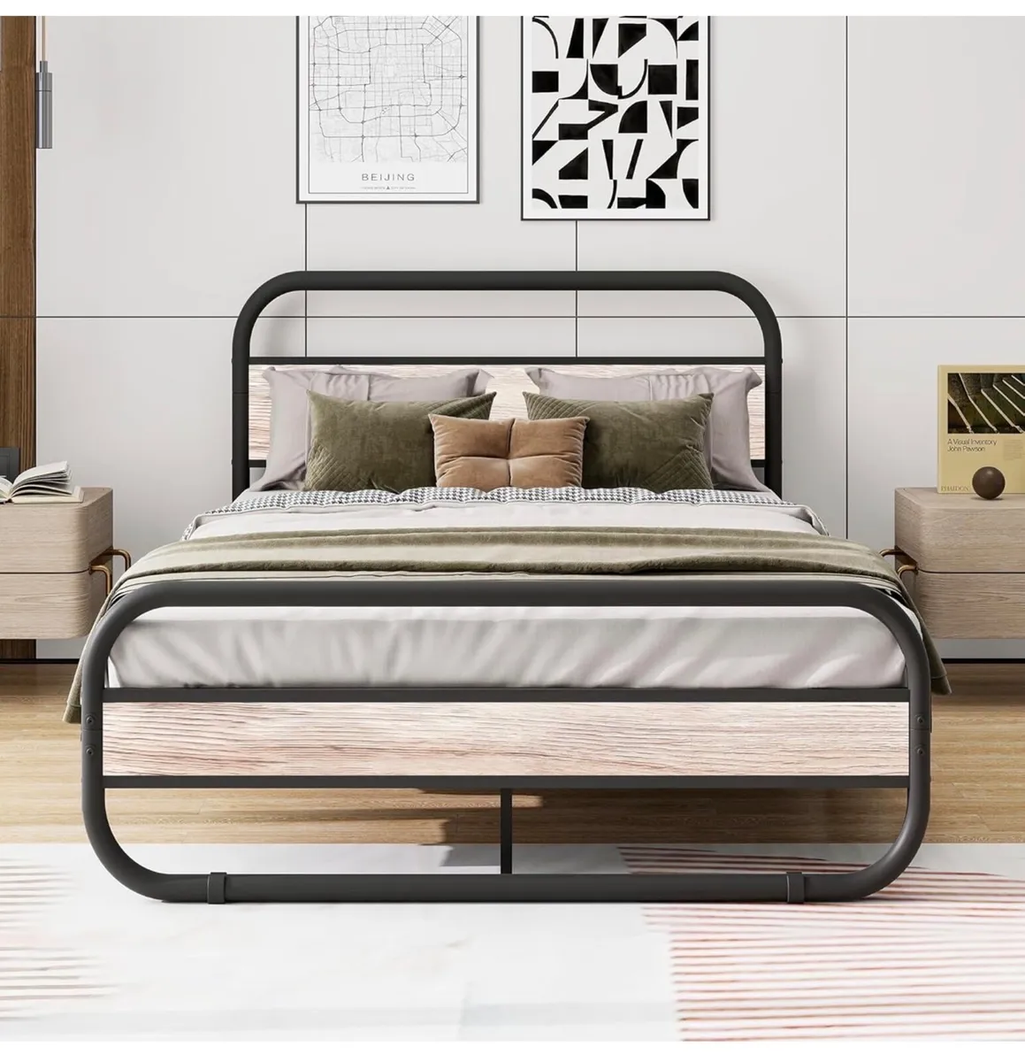 Double Bed Frame with Headboard,Oval-Shaped Platfo - Image 1