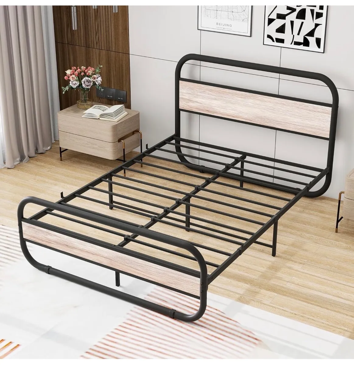 Double Bed Frame with Headboard,Oval-Shaped Platfo - Image 3