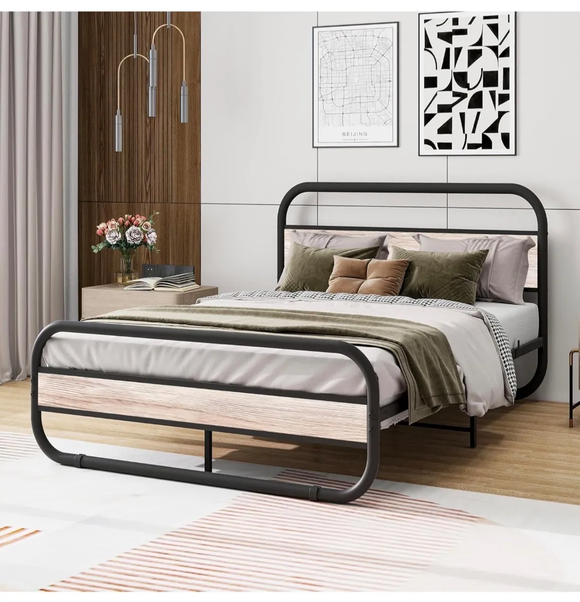 Double Bed Frame with Headboard,Oval-Shaped Platfo - Image 4