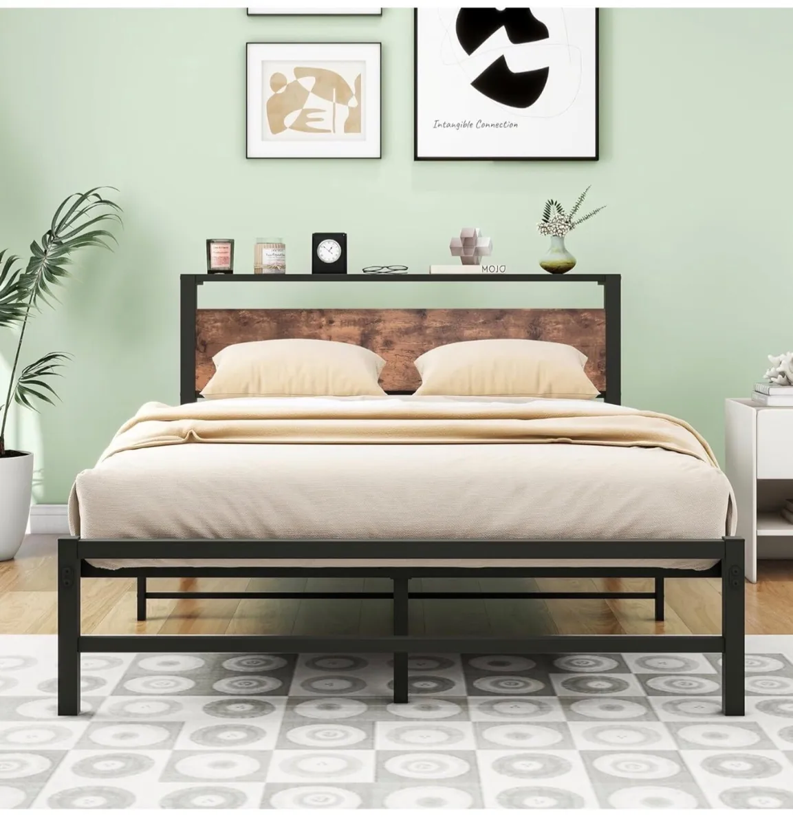 Double Bed Frame with Wood Storage Headboard No Bo - Image 4