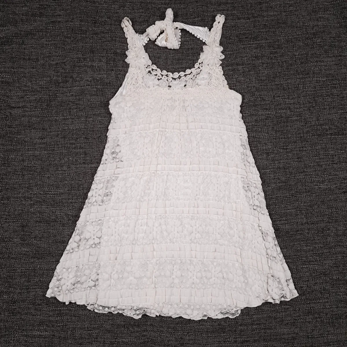 Yumi White Tiered Lace Ruffle Mini Dress S - Image 1