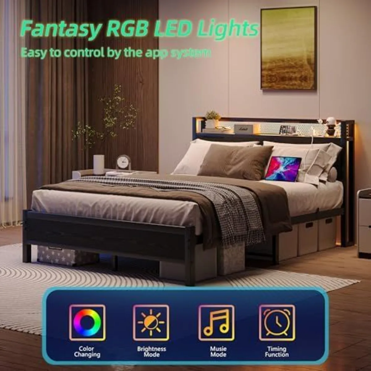 King Size Bed Frame with Storage,LED Lights,5ft Me - Image 1