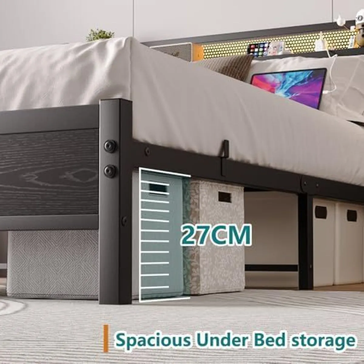 King Size Bed Frame with Storage,LED Lights,5ft Me - Image 4