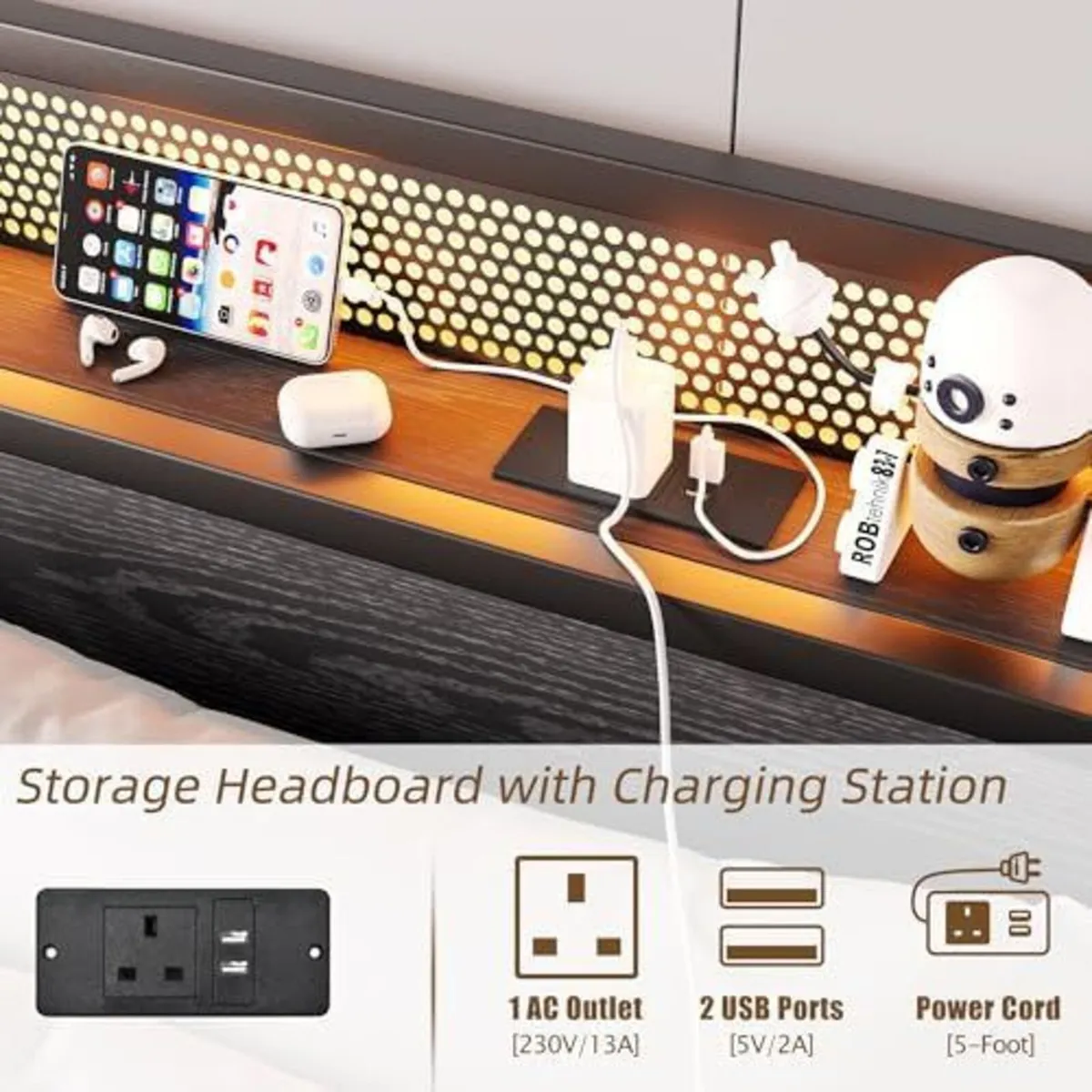 King Size Bed Frame with Storage,LED Lights,5ft Me - Image 3