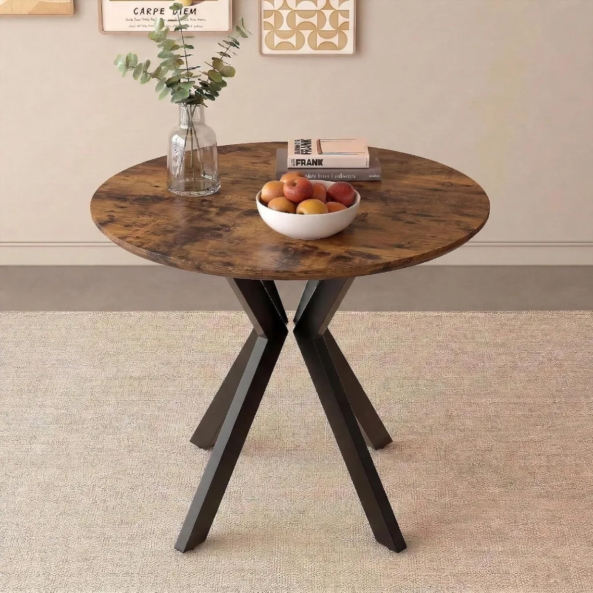 Round Wooden Dining Table with Metal Legs Retro - Image 1