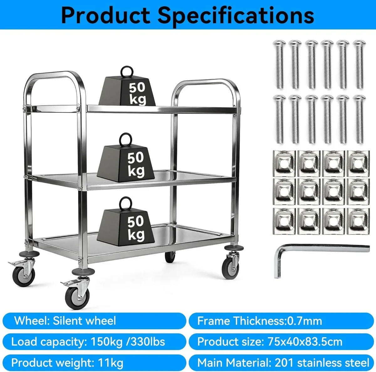 3 Tier Stainless Steel Catering Trolley Kitchen - Image 2