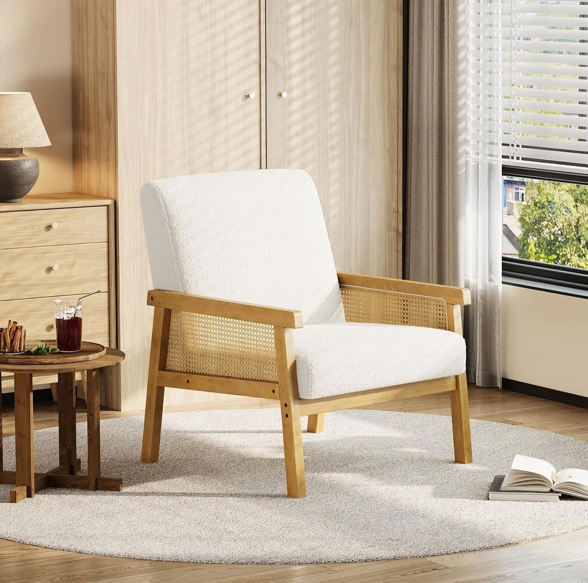 Boucle Fabric Accent Chair with Rattan Sides - Image 1