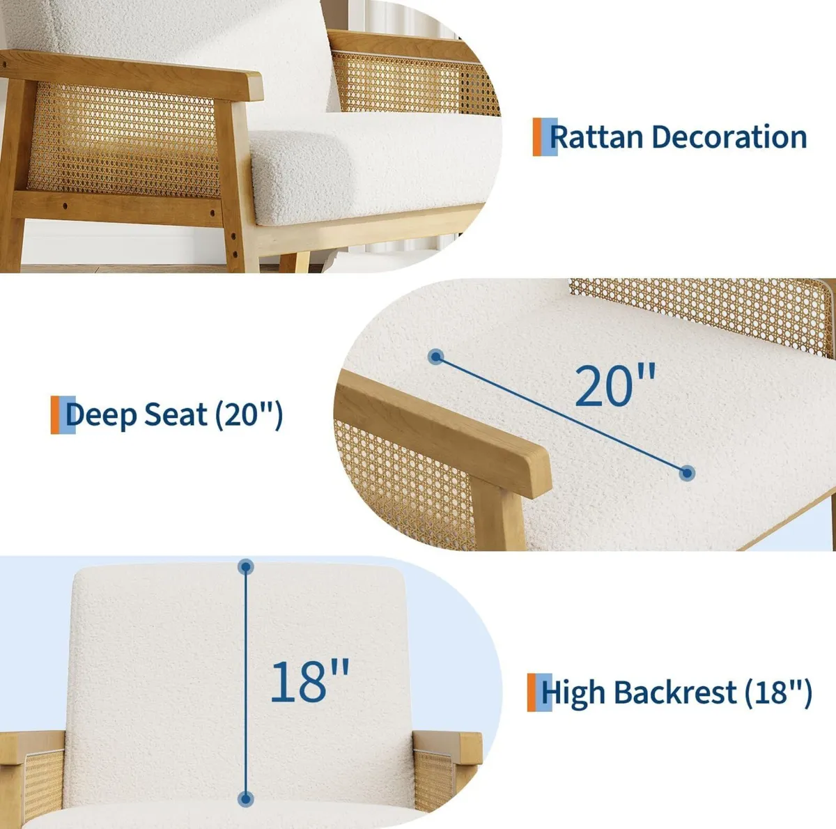 Boucle Fabric Accent Chair with Rattan Sides - Image 2
