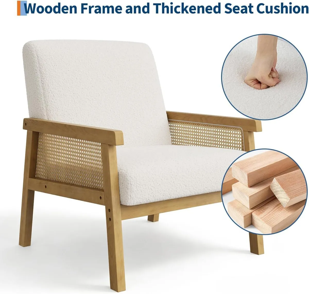 Boucle Fabric Accent Chair with Rattan Sides - Image 3