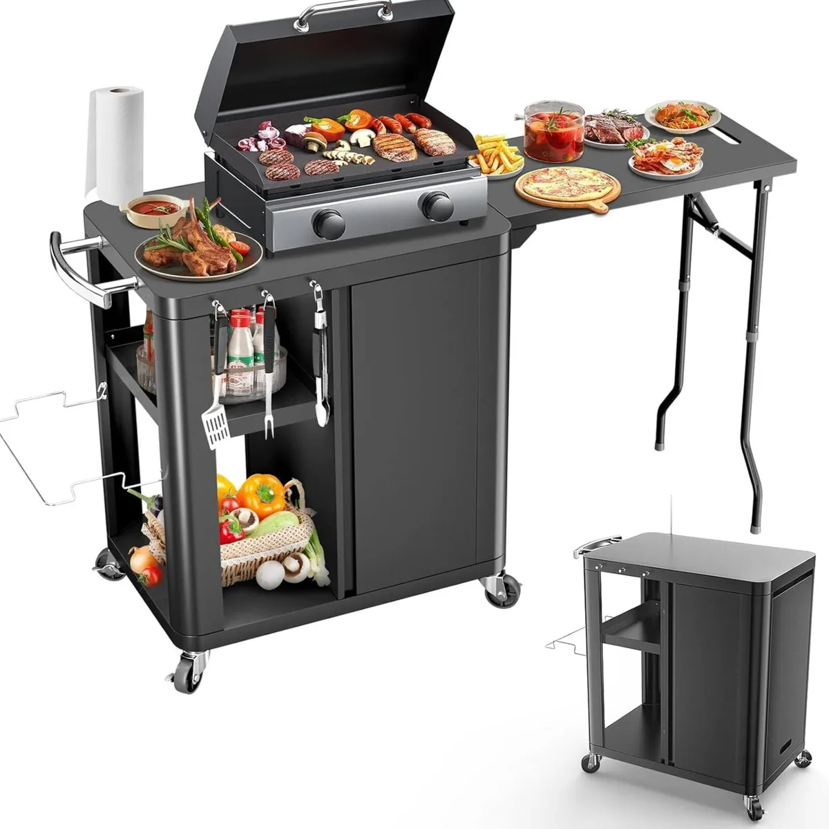 Grill Bbq Cart Cabinet with Folding Side Table - Image 1