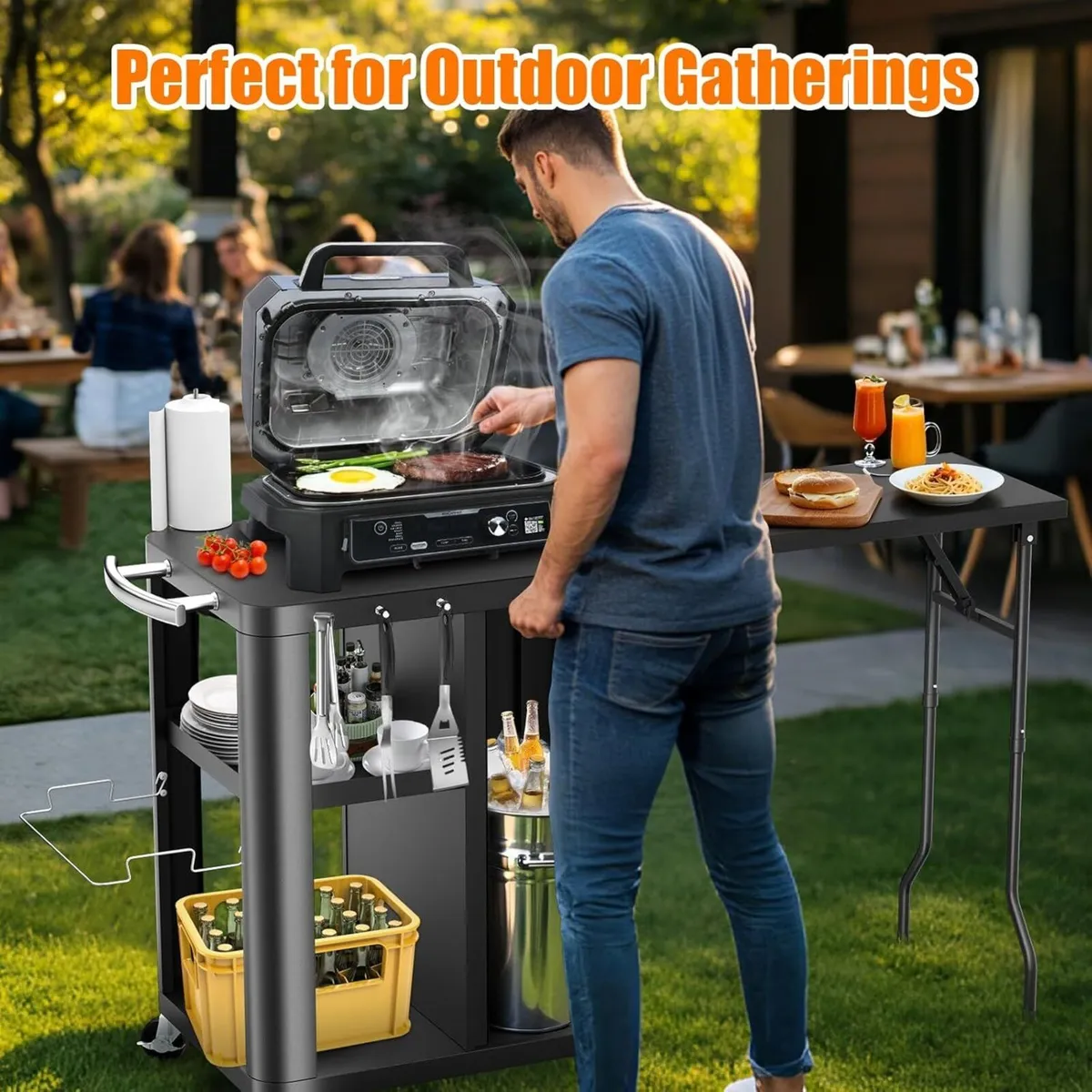 Grill Bbq Cart Cabinet with Folding Side Table - Image 2