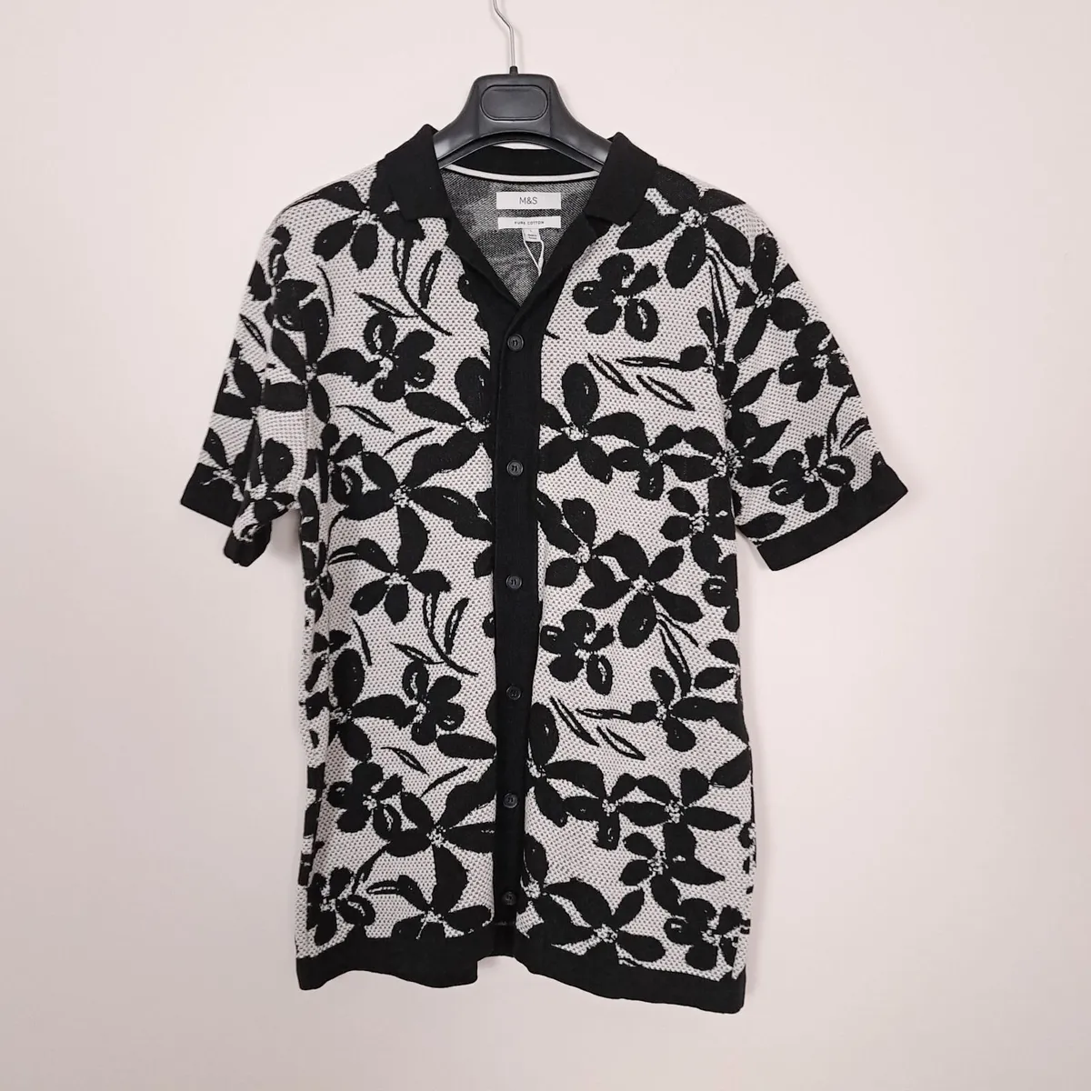 Marks & Spencer Black White Floral Polo Shirt L - Image 4