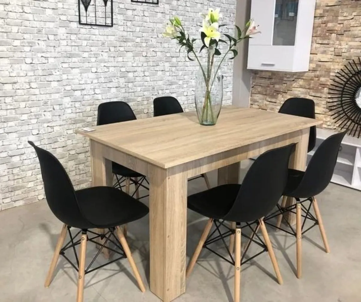 6 Seater Wooden Dining Table Set, Nordic Style Oak - Image 1