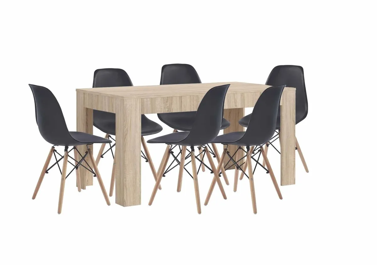 6 Seater Wooden Dining Table Set, Nordic Style Oak - Image 3