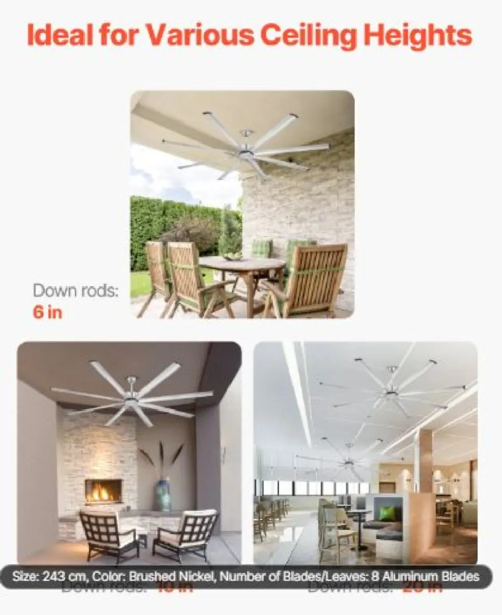 244 cm Ceiling Fan No Light,6-Speed Remote Control - Image 3