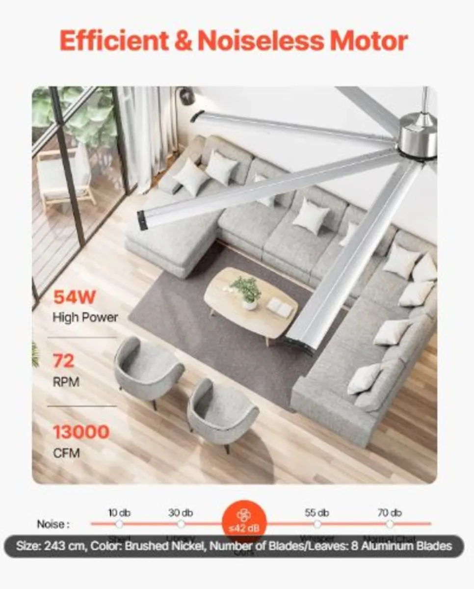 244 cm Ceiling Fan No Light,6-Speed Remote Control - Image 1