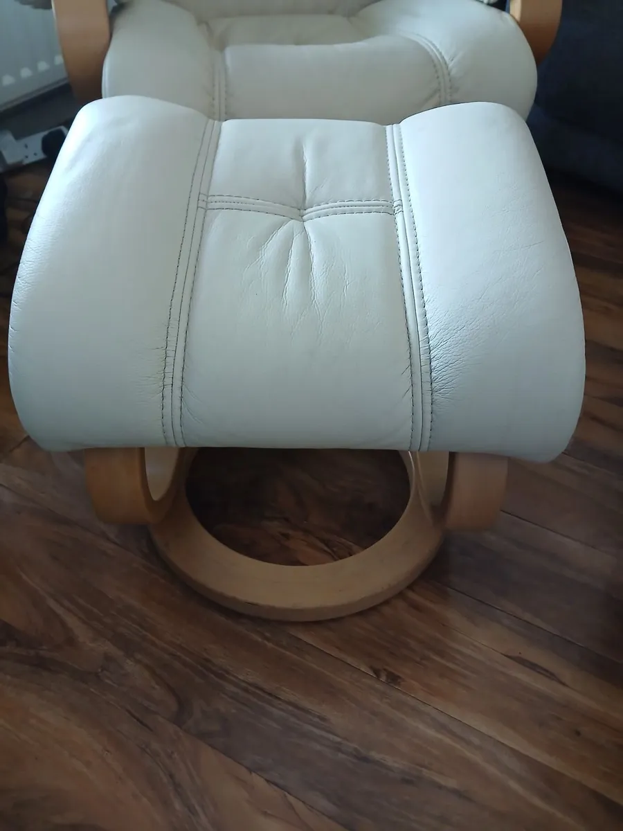 Cream Leather Recliner Chair & Footstool - Image 4