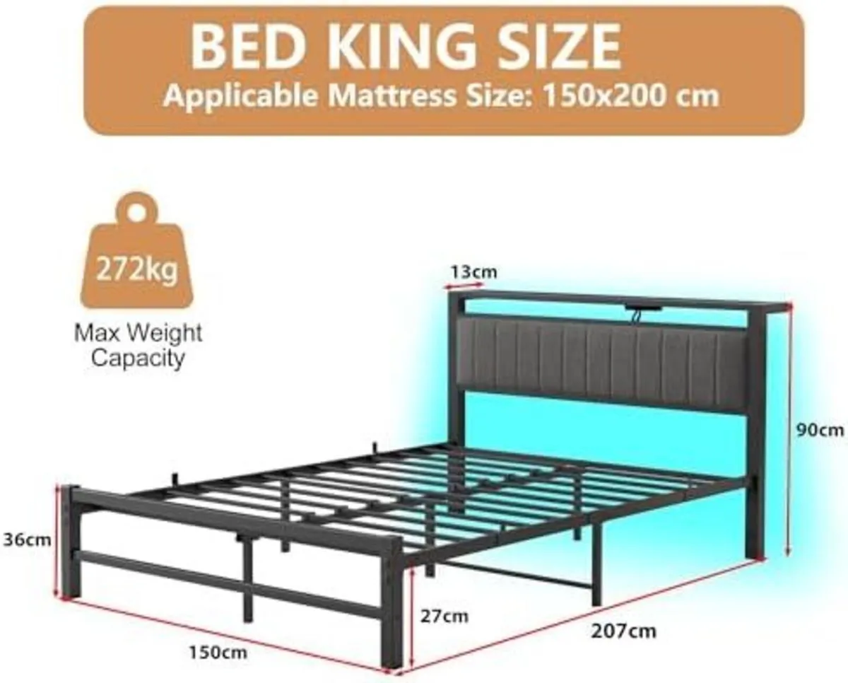 King Size Bed Frame with Storage Headboard, 5ft Up - Image 2
