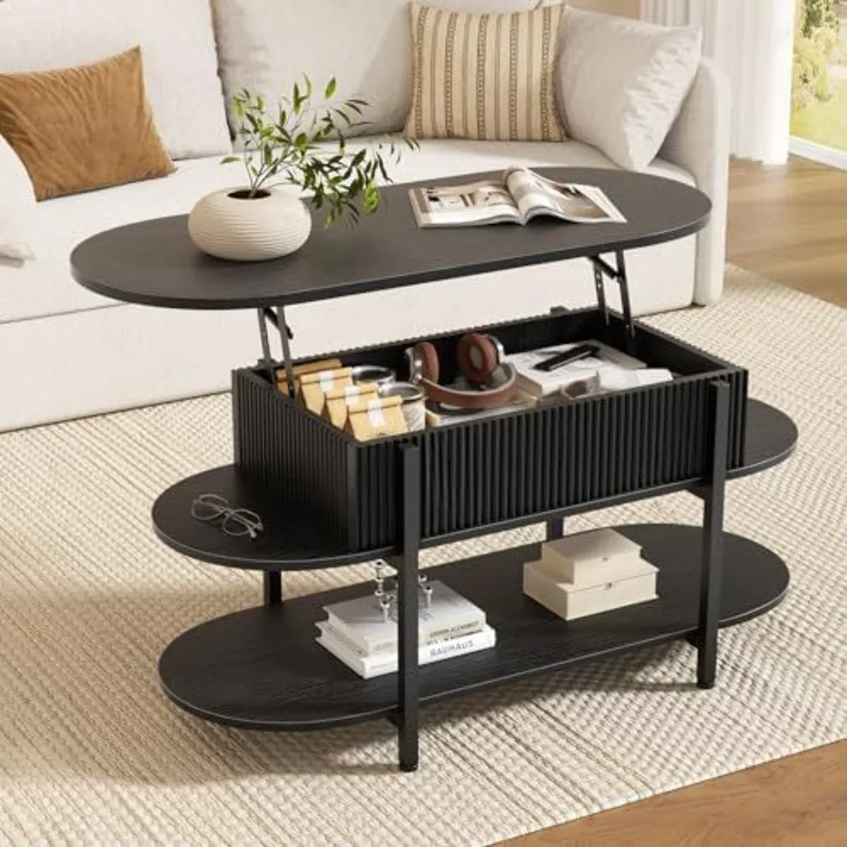 Coffee Table, Fluted Wood Center Table with Hidden - Image 1