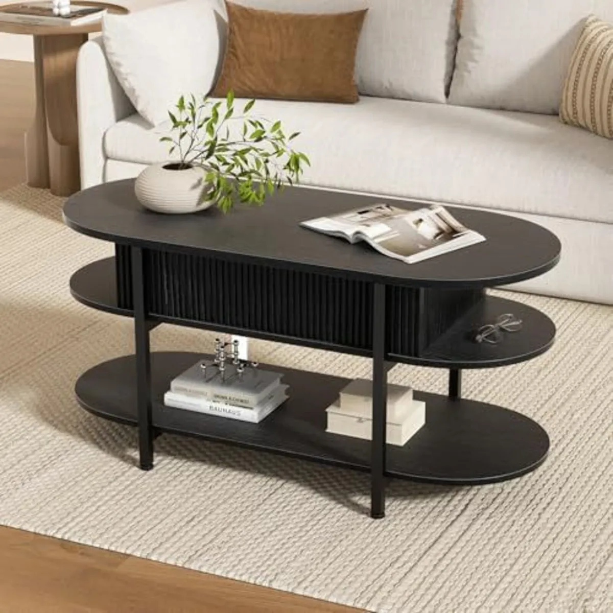 Coffee Table, Fluted Wood Center Table with Hidden - Image 2