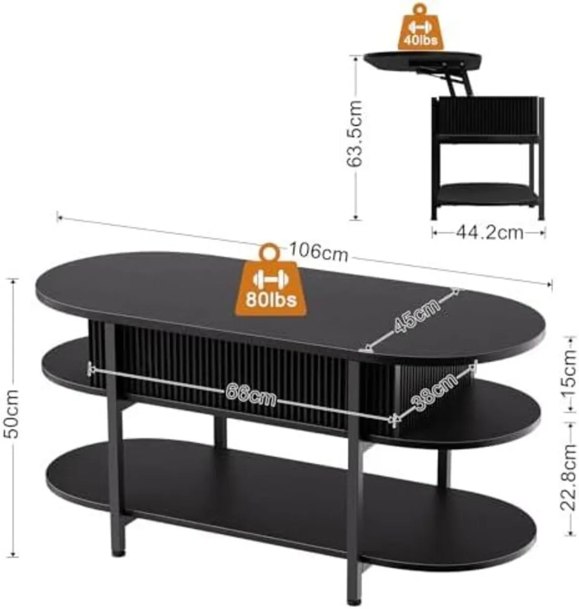 Coffee Table, Fluted Wood Center Table with Hidden - Image 3
