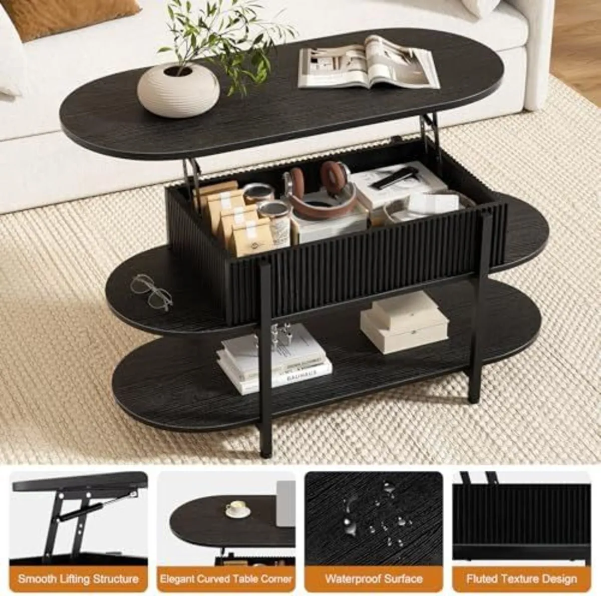 Coffee Table, Fluted Wood Center Table with Hidden - Image 4