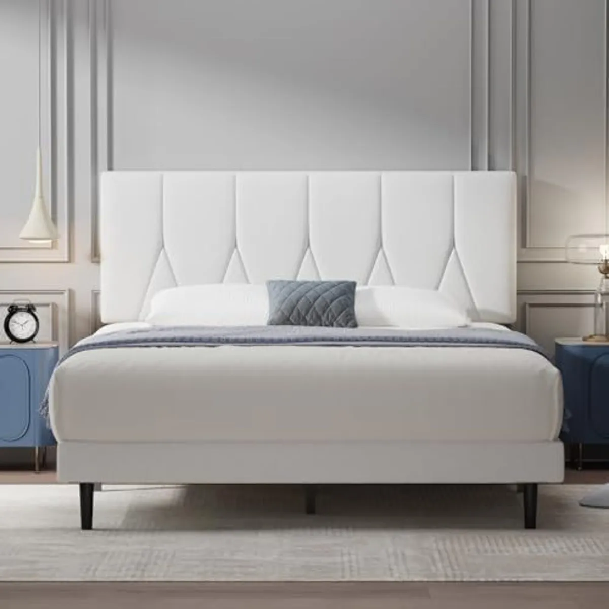 King Bed Frame White Upholstered Wooden Slat Bed F - Image 1