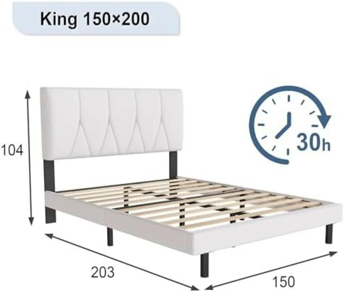 King Bed Frame White Upholstered Wooden Slat Bed F - Image 2
