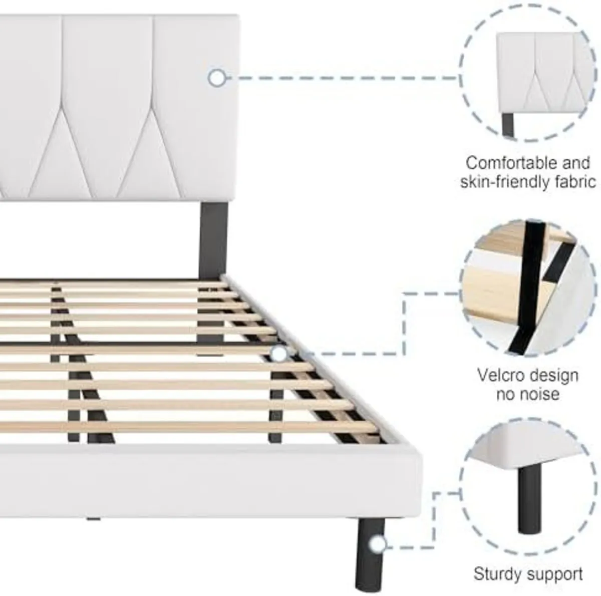 King Bed Frame White Upholstered Wooden Slat Bed F - Image 4