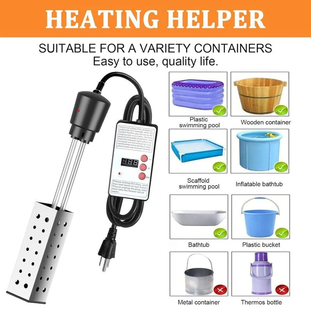 Water Heater, 2500W Warmer Immersion Heater Portable Electric Electric Immersion Water Heater with Intelligent Thermostat and 304 Stainless Steel Cover, Auto Shutoff - Image 1