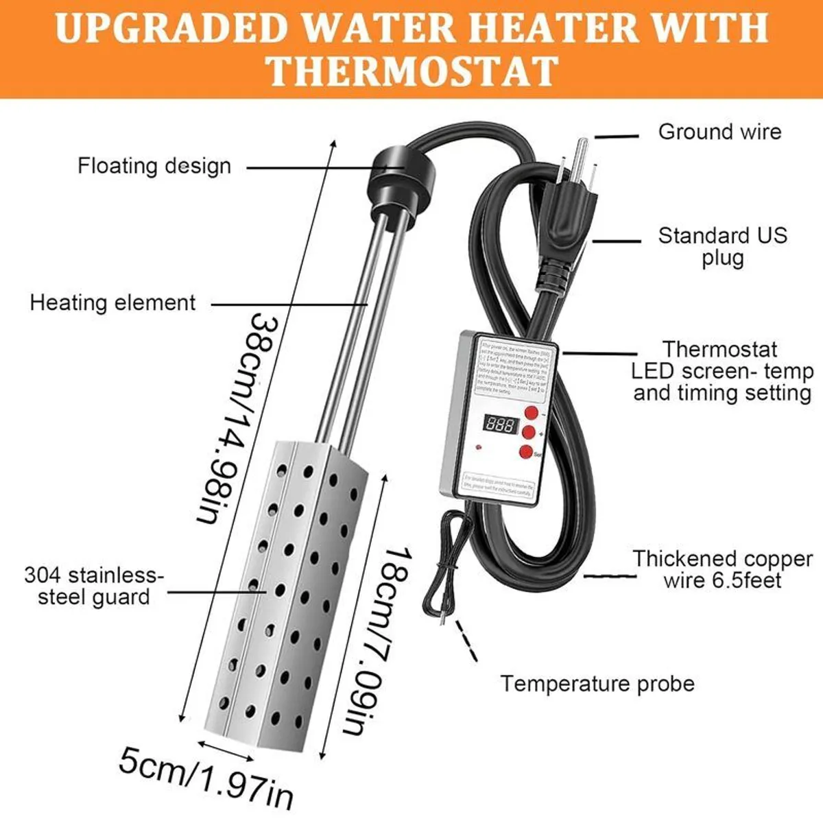 Water Heater, 2500W Warmer Immersion Heater Portable Electric Electric Immersion Water Heater with Intelligent Thermostat and 304 Stainless Steel Cover, Auto Shutoff - Image 3